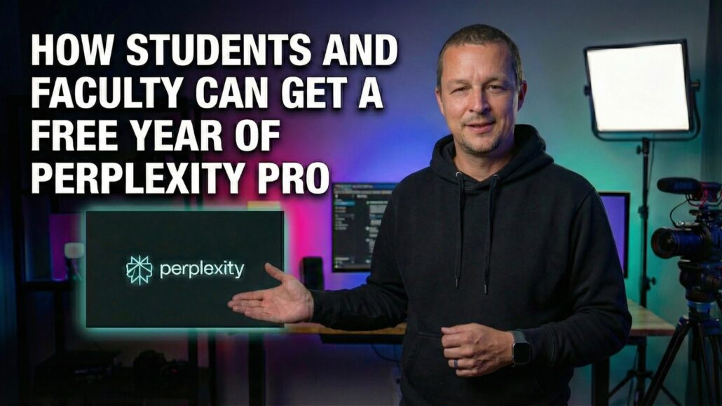 Guide on getting free Perplexity Pro for students featuring a man in a studio with the Perplexity AI logo.