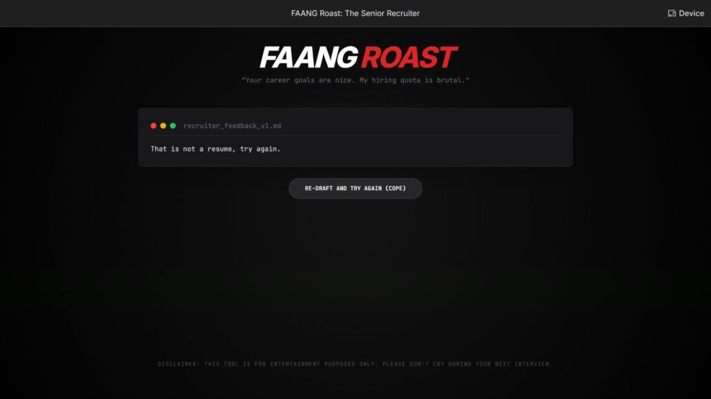 A FAANG Roast app interface built using a Google AI Studio tutorial, showing humorous recruiter feedback.