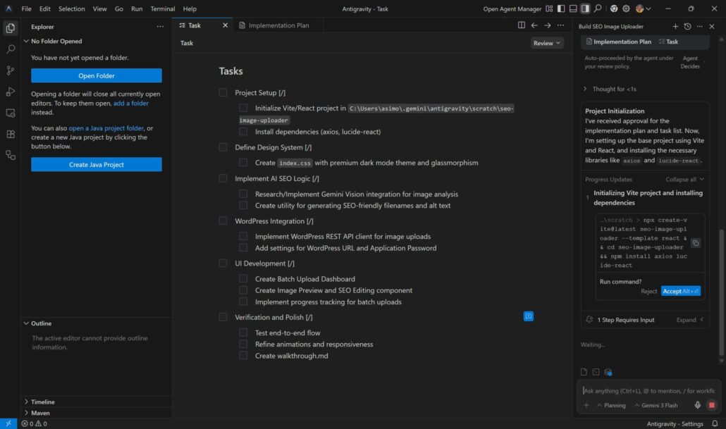 Google Antigravity Task view on Windows showing a project task checklist and an agent prompt requesting approval to run commands.
