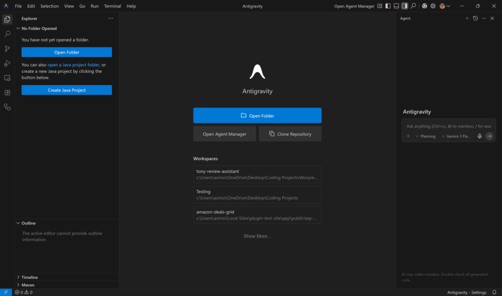 Google Antigravity on Windows showing the start screen, workspaces list, and the Agent panel.