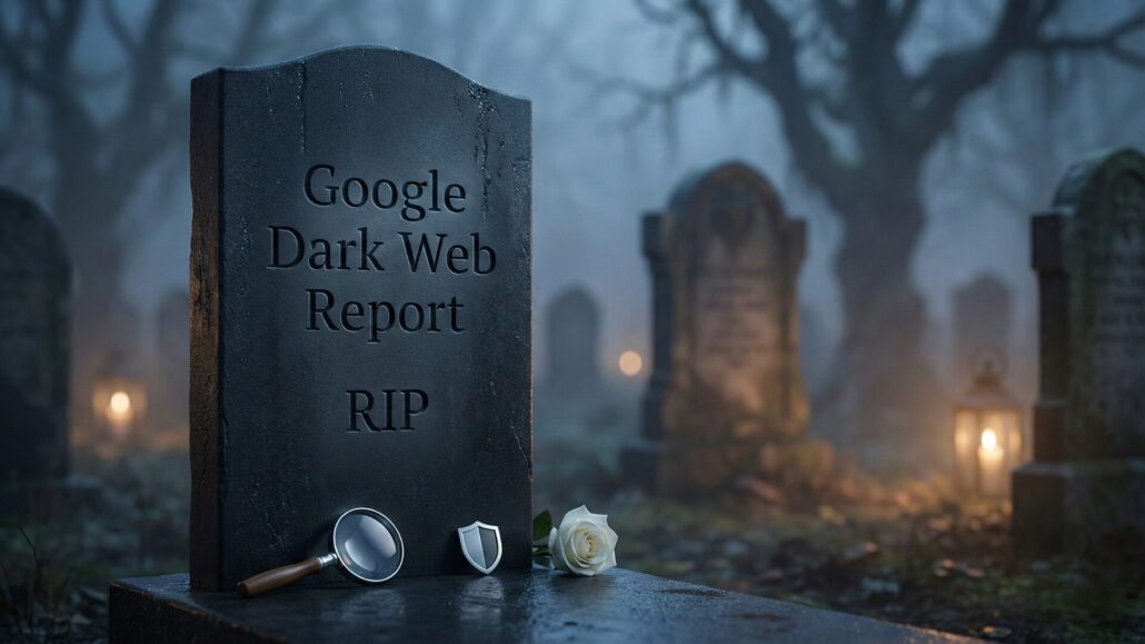 A cinematic gravestone reading "Google Dark Web Report RIP" in a foggy cemetery, symbolizing that the Google Dark Web Report is discontinued in early 2026.