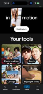 creenshot of the Google Photos "Create" tab, displaying the "Your tools" section with options for Photo to video, Remix, Collage, and the new Highlight video feature.