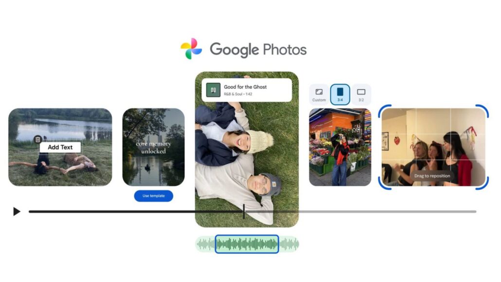 Promotional graphic illustrating the new Google Photos video editor interface, showcasing features like adding text, using templates, selecting music tracks, adjusting aspect ratios, and a multi-clip timeline.