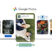 Promotional graphic illustrating the new Google Photos video editor interface, showcasing features like adding text, using templates, selecting music tracks, adjusting aspect ratios, and a multi-clip timeline.