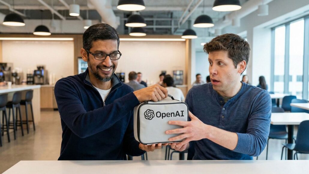 A satirical illustration of Google CEO Sundar Pichai playfully stealing a lunchbox from OpenAI CEO Sam Altman, representing the results of the Google vs OpenAI 2025 AI arms race.