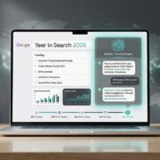 A laptop on a modern wood desk displaying the Google Year in Search 2025 results page. The screen features a timeline of 2025 trends, data charts, and a distinct AI Mode chat panel on the right side. The workspace has a dark background with a faint world map and teal #4FB7A0 lighting accents.