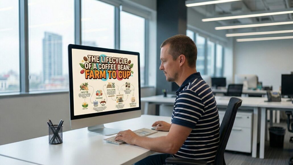 Tony sitting at a desk using a computer to demonstrate how to create infographics with Nano Banana Pro, showing a finished coffee lifecycle chart on the screen.