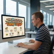 How to Create Infographics with Nano Banana Pro Tony sitting at a desk using a computer to demonstrate how to create infographics with Nano Banana Pro, showing a finished coffee lifecycle chart on the screen.