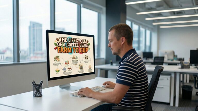Tony sitting at a desk using a computer to demonstrate how to create infographics with Nano Banana Pro, showing a finished coffee lifecycle chart on the screen.