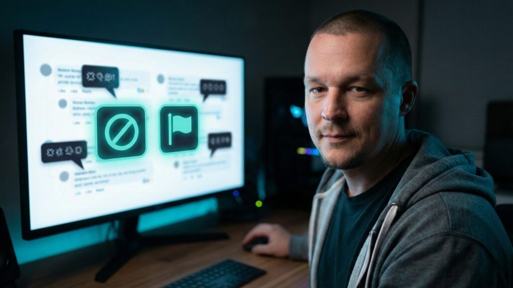 A confident content creator sitting at a desk in a dark room, illuminated by a computer screen showing social media comments. The screen displays large 'Block' and 'Report' icons in teal, symbolizing taking control of online space and stopping internet trolls. Cinematic lighting with a focus on digital safety.