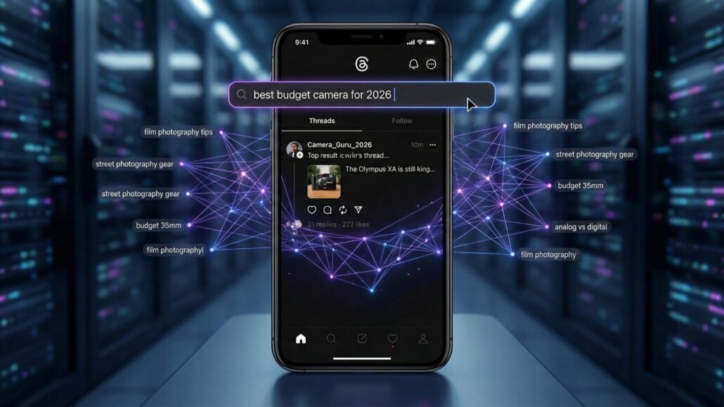 A futuristic smartphone interface illustrating how to grow on Threads in 2026 by optimizing for search intent rather than viral trends.
