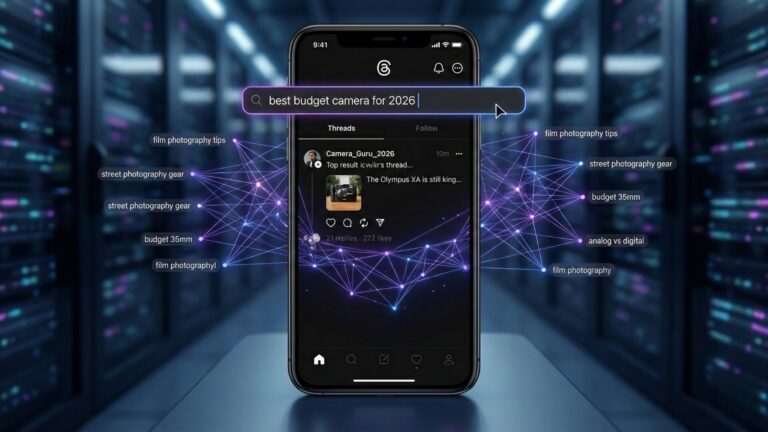 A futuristic smartphone interface illustrating how to grow on Threads in 2026 by optimizing for search intent rather than viral trends.