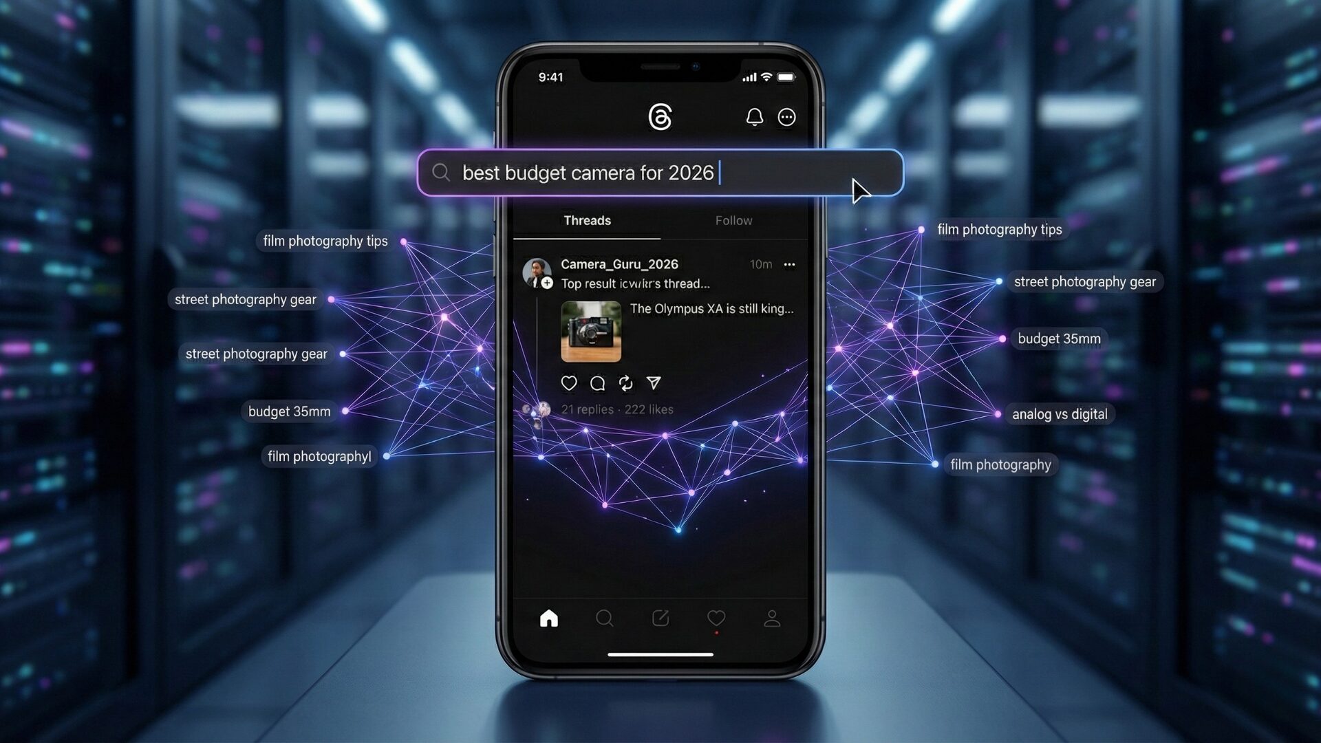 A futuristic smartphone interface illustrating how to grow on Threads in 2026 by optimizing for search intent rather than viral trends.