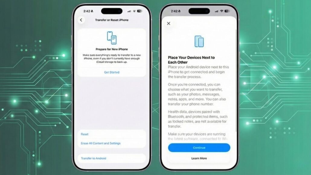 iOS 26.3 beta 1 features showing Transfer to Android in iPhone Settings and the device-to-device migration setup screen