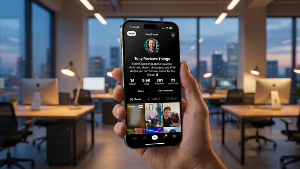 A clean, editorial photo of a hand holding an iPhone 17 Pro Max displaying the profile page of the Sora 2 AI app user interface.