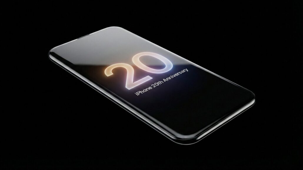 Futuristic iPhone 20 20th Anniversary concept phone, a single slab of glass with bezel‑less display on a black background