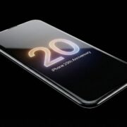iPhone 20 20th Anniversary all‑glass concept Futuristic iPhone 20 20th Anniversary concept phone, a single slab of glass with bezel‑less display on a black background
