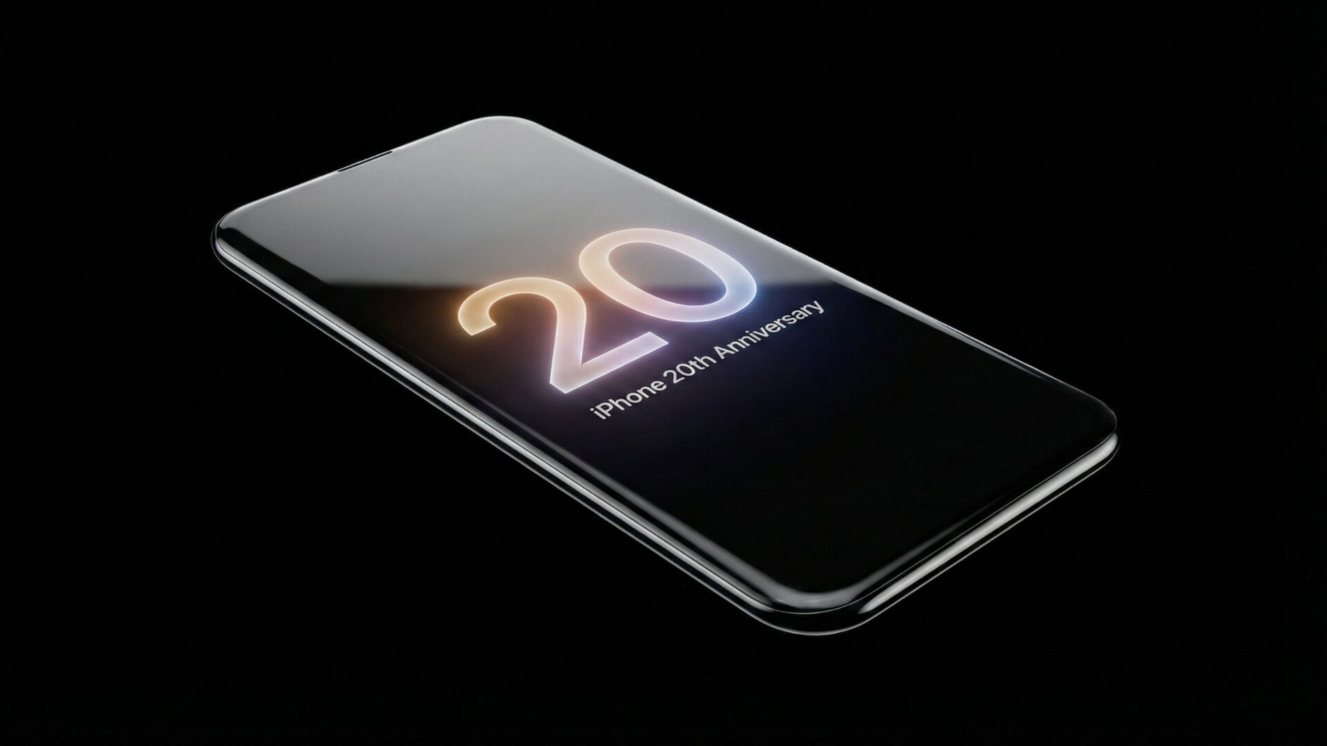 Futuristic iPhone 20 20th Anniversary concept phone, a single slab of glass with bezel‑less display on a black background