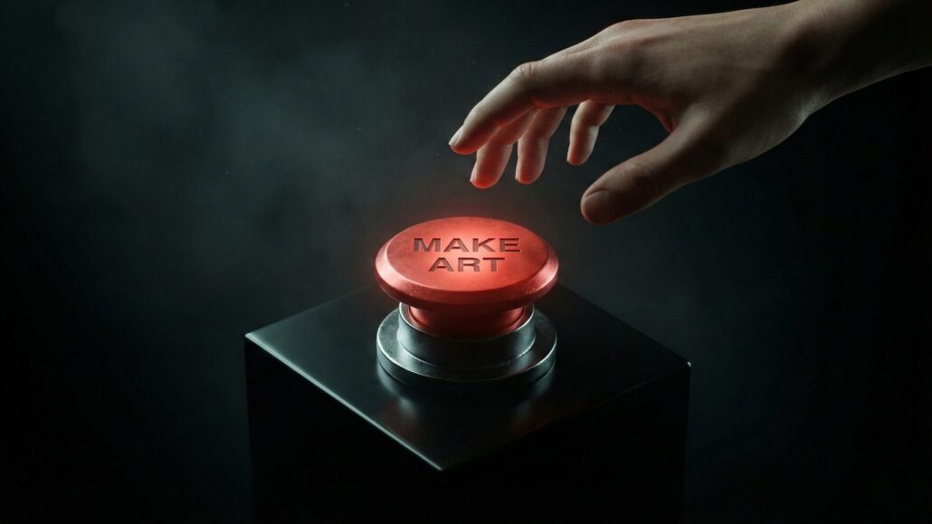 A cinematic illustration of a red button labeled "MAKE ART" representing the AI art panic and the debate over whether AI art is real art.