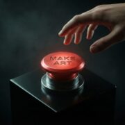 Is AI Art Real Art? The “Make Art” Button Concept. A cinematic illustration of a red button labeled "MAKE ART" representing the AI art panic and the debate over whether AI art is real art.