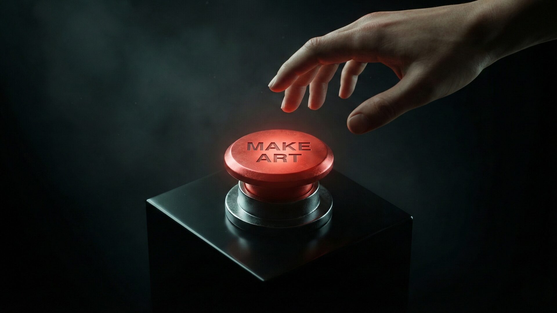 A cinematic illustration of a red button labeled "MAKE ART" representing the AI art panic and the debate over whether AI art is real art.