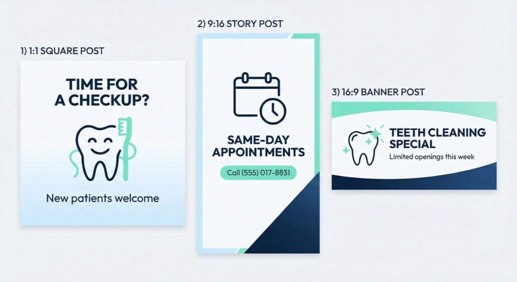 Example dental clinic social graphics showing consistent typography and clear appointment messaging.