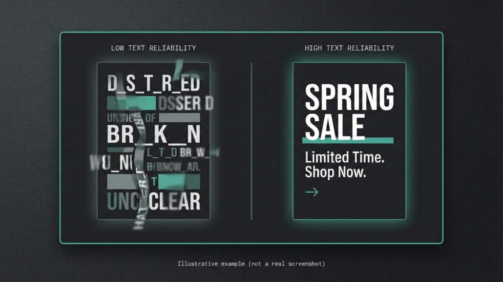 Side-by-side graphic showing unreadable text versus readable text to illustrate text-in-image reliability for Nano Banana Pro.