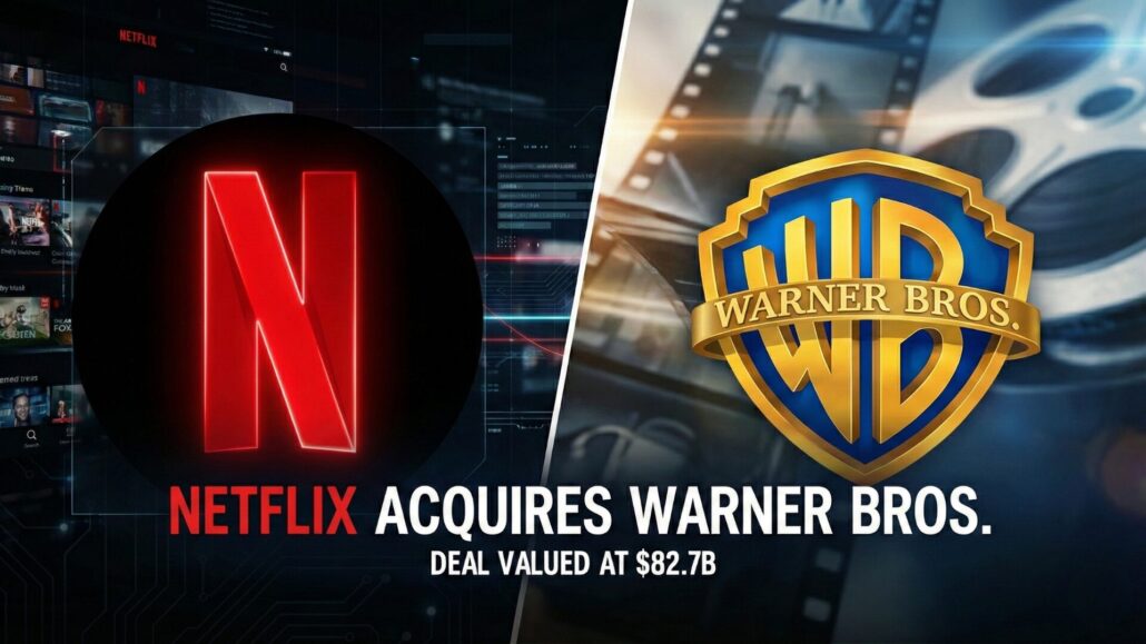 3D concept illustration depicting the Netflix Warner Bros acquisition, featuring the neon Netflix N merging with the Warner Bros shield.