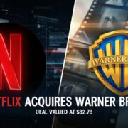 3D concept illustration depicting the Netflix Warner Bros acquisition, featuring the neon Netflix N merging with the Warner Bros shield.