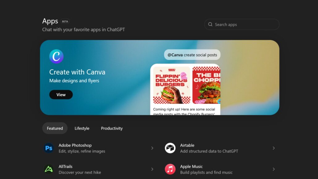 ChatGPT app store Apps directory (beta) with featured Canva app and listings for Adobe Photoshop, Airtable, Apple Music.