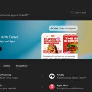 ChatGPT app store Apps directory (beta) with featured Canva app and listings for Adobe Photoshop, Airtable, Apple Music.