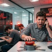 The OpenAI “Code Red” GPT-5.2 Emergency Release A photorealistic depiction of the chaotic scene surrounding the rushed OpenAI GPT-5.2 release date, showing a stressed Sam Altman pressing a sparking emergency button as "Code Red: Gemini 3 Threat Detected" flashes in a server room.