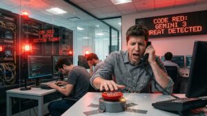 A photorealistic depiction of the chaotic scene surrounding the rushed OpenAI GPT-5.2 release date, showing a stressed Sam Altman pressing a sparking emergency button as "Code Red: Gemini 3 Threat Detected" flashes in a server room.