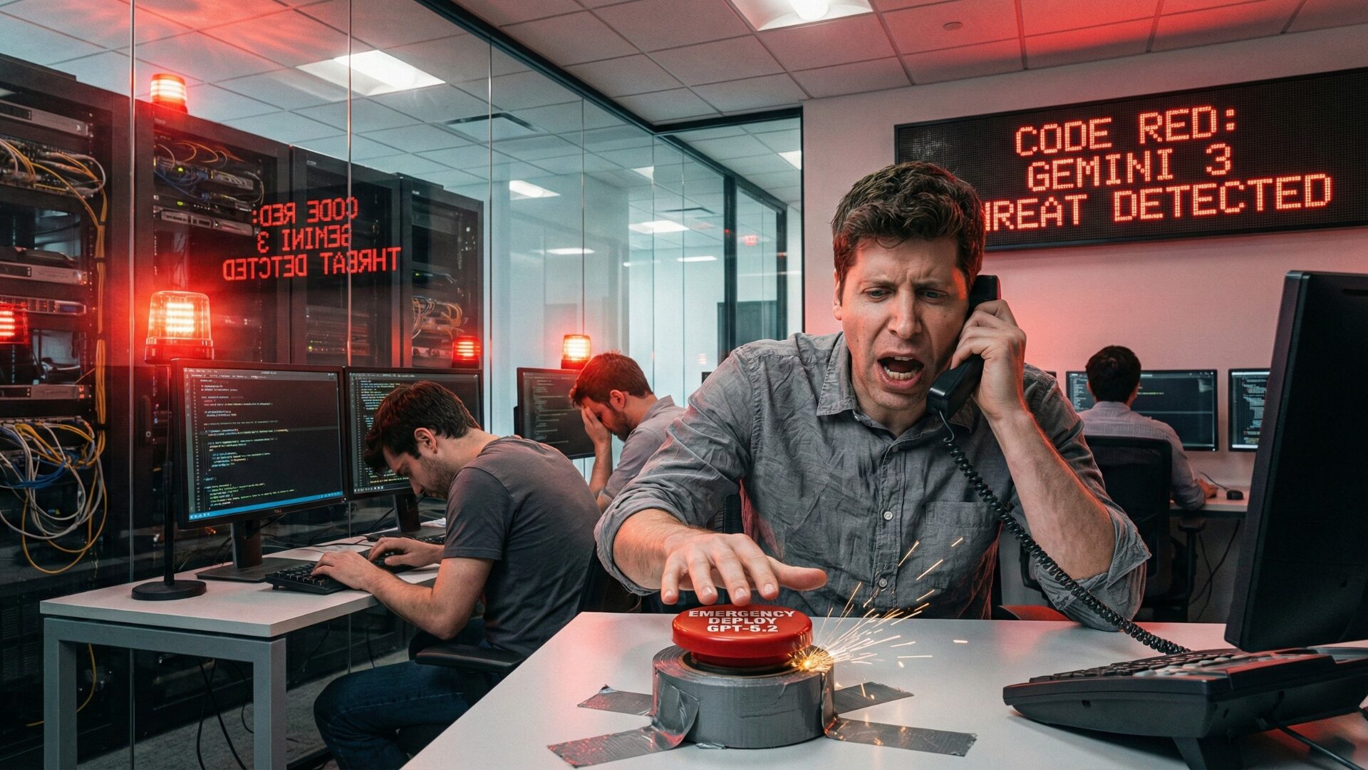 A photorealistic depiction of the chaotic scene surrounding the rushed OpenAI GPT-5.2 release date, showing a stressed Sam Altman pressing a sparking emergency button as "Code Red: Gemini 3 Threat Detected" flashes in a server room.