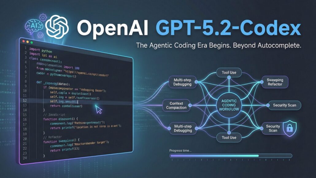Header graphic illustrating the OpenAI GPT-5.2-Codex agentic coding workflow, showing a code editor alongside a diagram highlighting multi-step debugging, tool use, and security scanning capabilities.