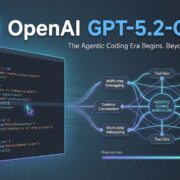 OpenAI GPT-5.2-Codex Agentic Workflow Visualization Header graphic illustrating the OpenAI GPT-5.2-Codex agentic coding workflow, showing a code editor alongside a diagram highlighting multi-step debugging, tool use, and security scanning capabilities.