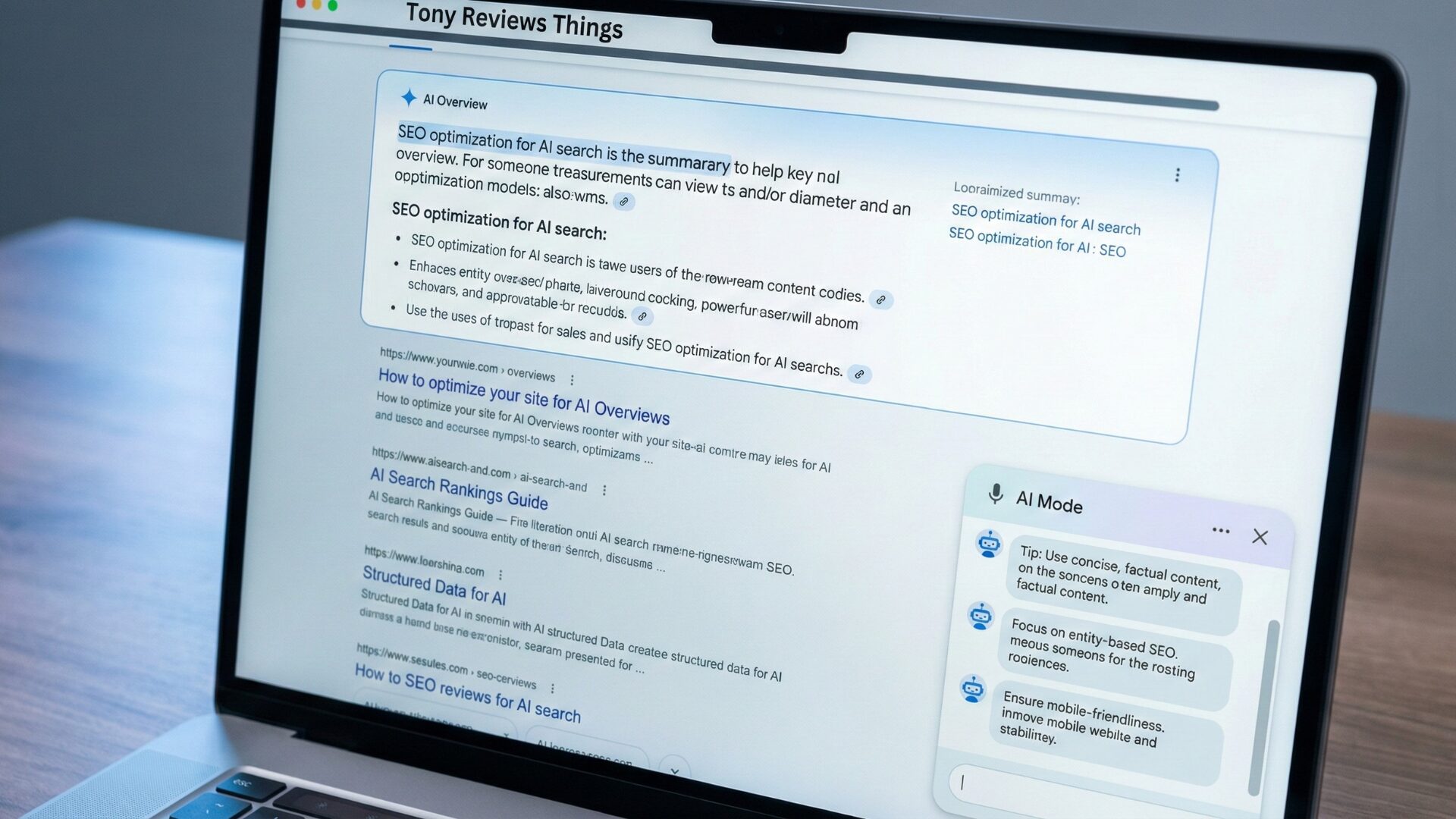 Laptop showing Google-style AI Overview answer box and AI Mode chat panel with a Tony Reviews Things page on screen