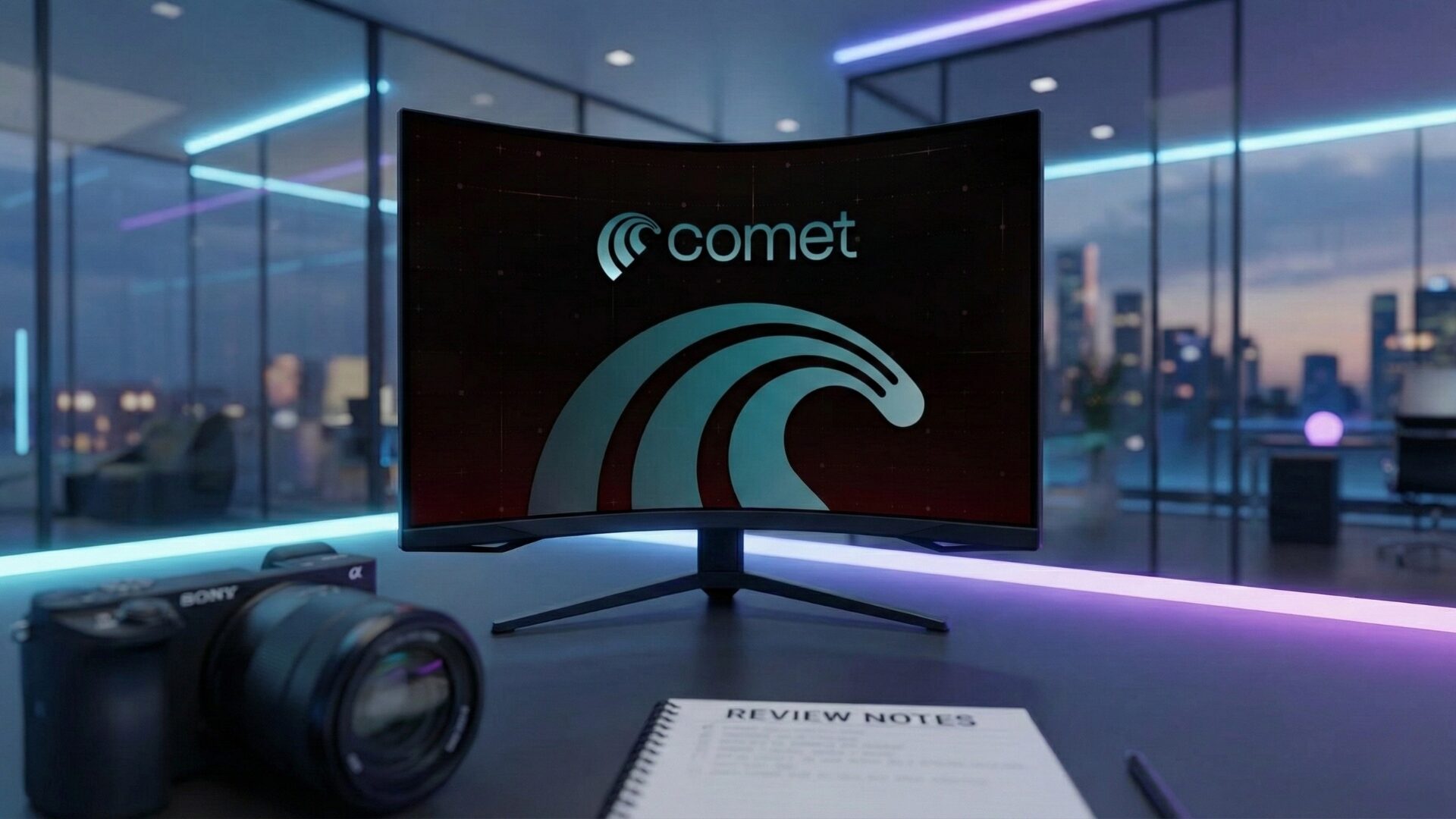 Comet browser review hero image showing the Comet logo on a curved monitor with review notes on a desk