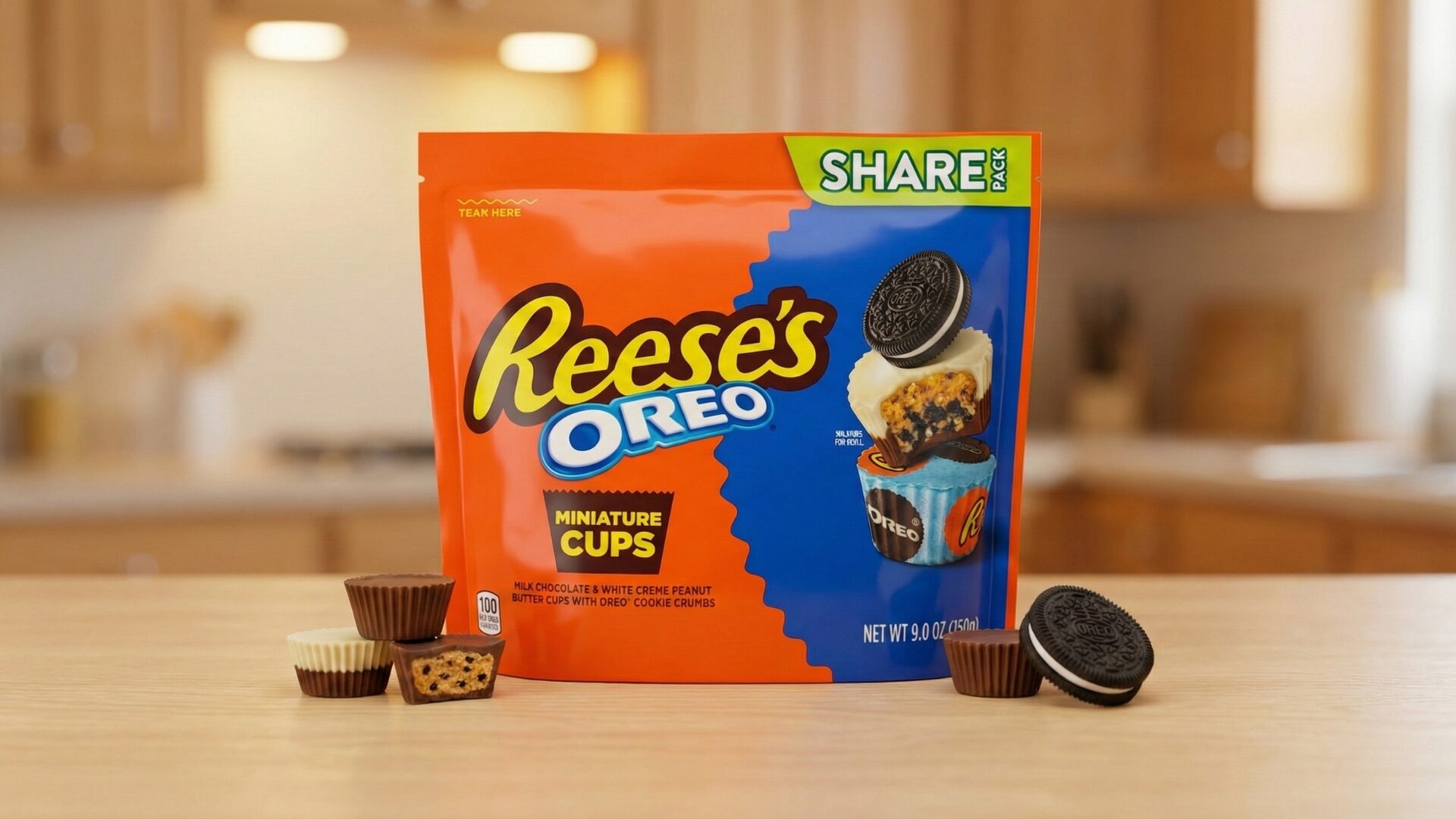 Reese’s Oreo Miniature Cups share pack on a kitchen counter (reese's oreo cups review)
