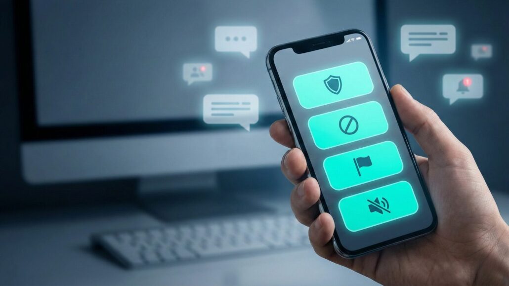 Close-up of a hand holding a smartphone displaying a clean interface with large, teal icons for 'Block,' 'Report,' and 'Mute,' along with a shield symbol. The background features a blurred computer monitor and keyboard, representing a digital defense toolkit against internet trolls.