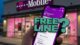 T-Mobile free line promo shown on a smartphone in front of a T-Mobile store