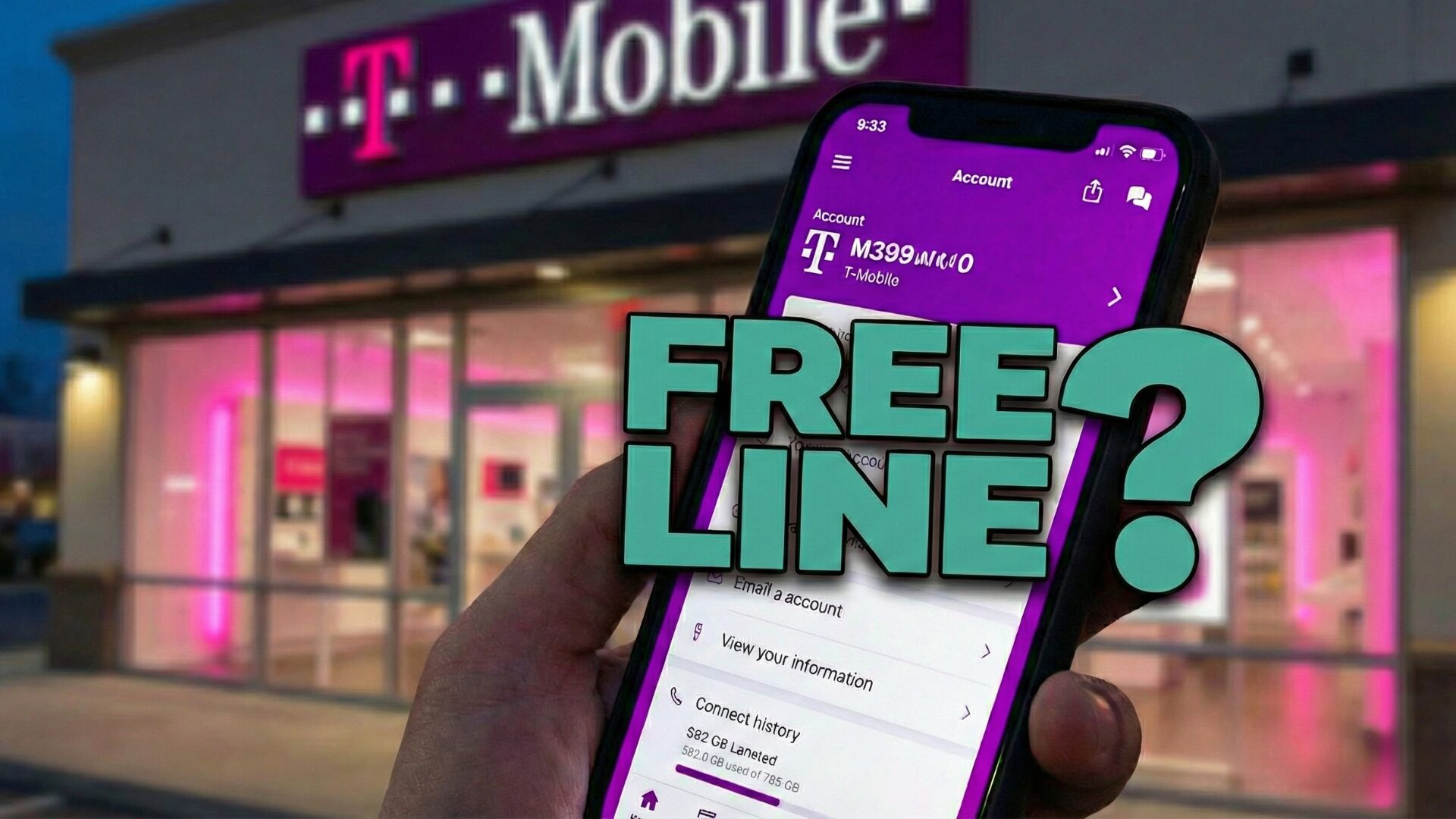T-Mobile free line promo shown on a smartphone in front of a T-Mobile store