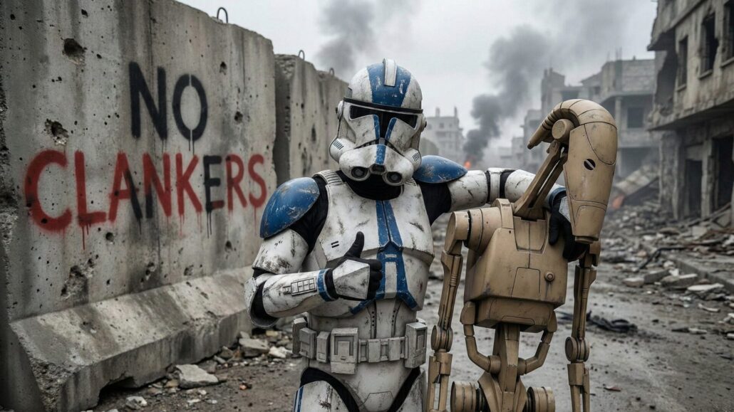 A satirical image of a Clone Trooper hugging a Battle Droid in front of hate speech graffiti, illustrating the irony that Clanker is a racist slur.