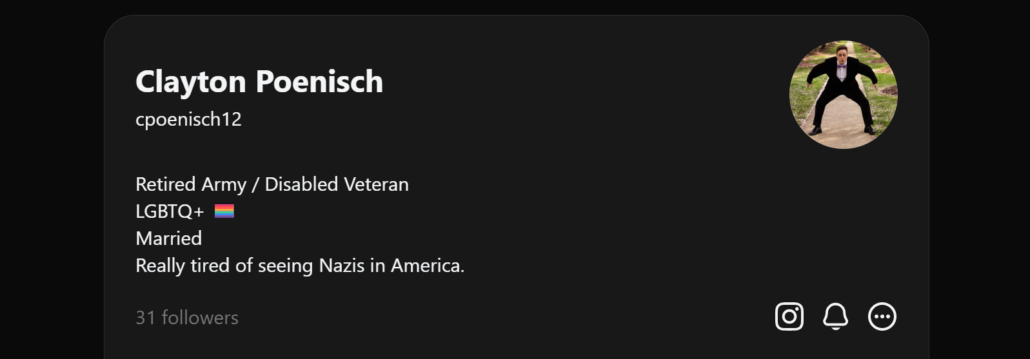 Profile bio of Threads user cpoenisch12, the retired Army veteran who suggested "Cogsuckers" as a slur for AI users.