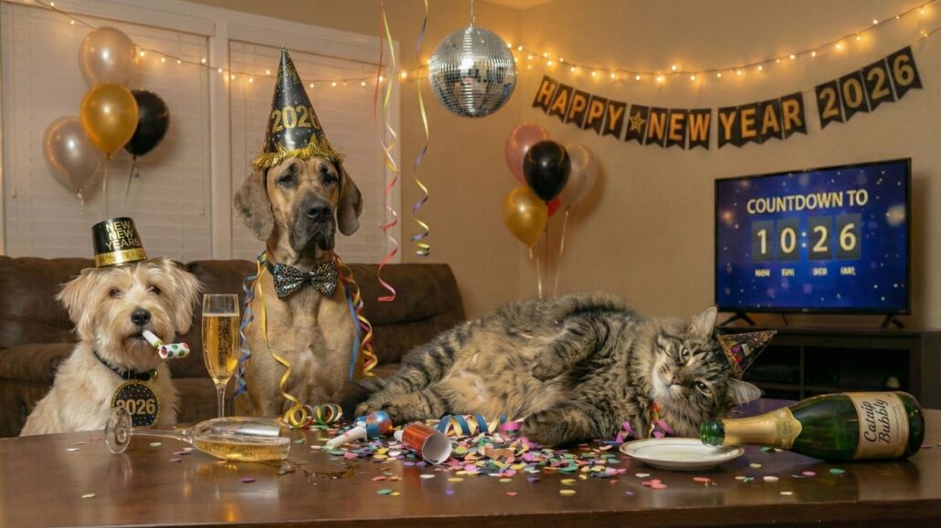 Ruby, Carl, and Willow celebrating New Year 2026—The Tony Reviews Things Founding 30 kickoff party with confetti and a drunk cat.