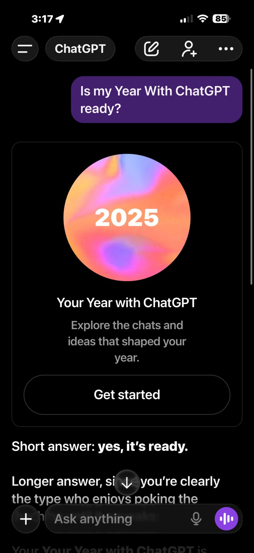 Your Year with ChatGPT intro screen for the 2025 recap feature