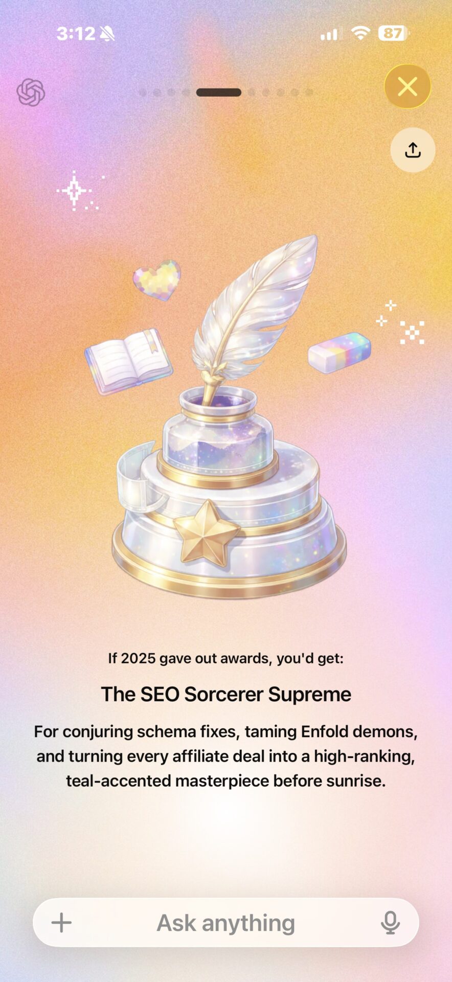 Your Year with ChatGPT award screen labeled SEO Sorcerer Supreme
