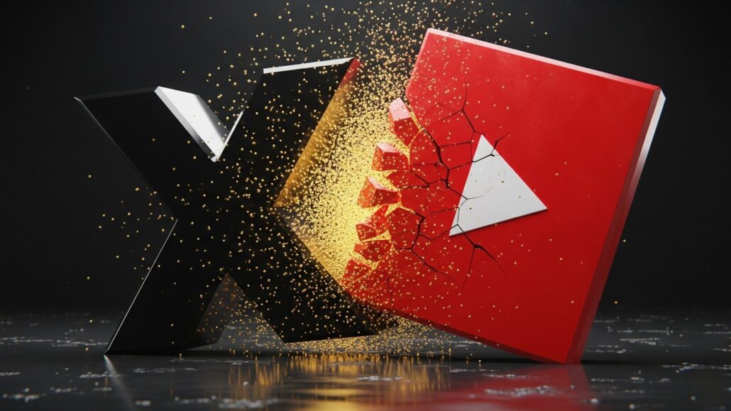 A 3D editorial illustration of a black X monolith violently shattering a red YouTube play button, representing the 2026 creator payout war and the shift in revenue sharing.