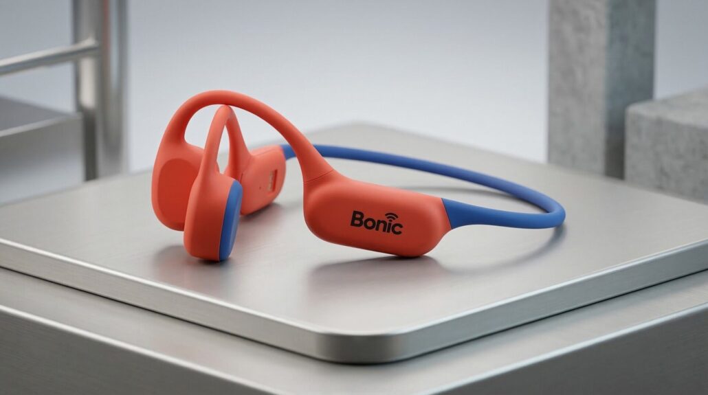A pair of Bonic Fusion bone conduction open-ear headphones, featuring a vibrant orange frame, blue transducer tips, and a blue neckband, sitting on a brushed metal and concrete studio display for a product review.