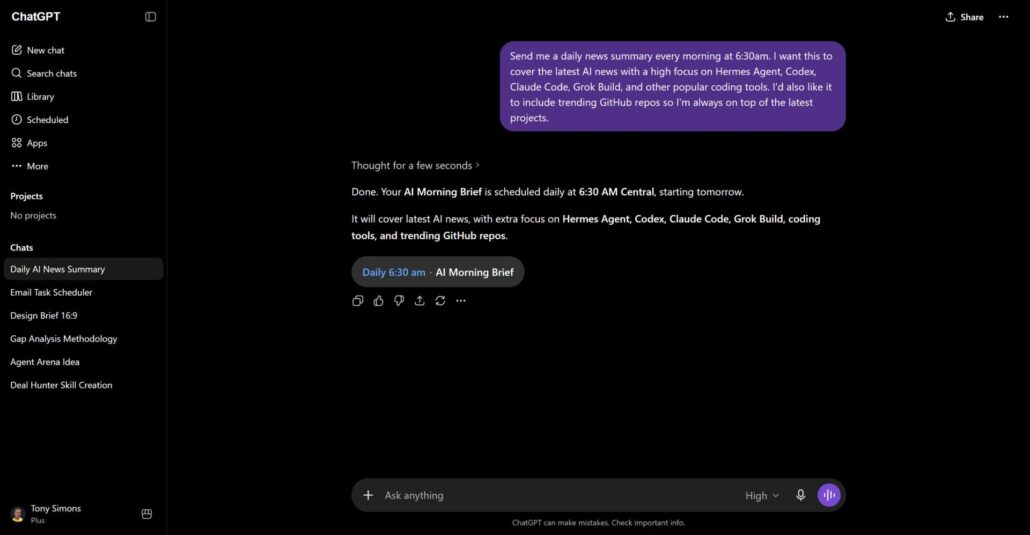 ChatGPT conversation showing a user asking to schedule a daily AI news summary and ChatGPT confirming the task is set